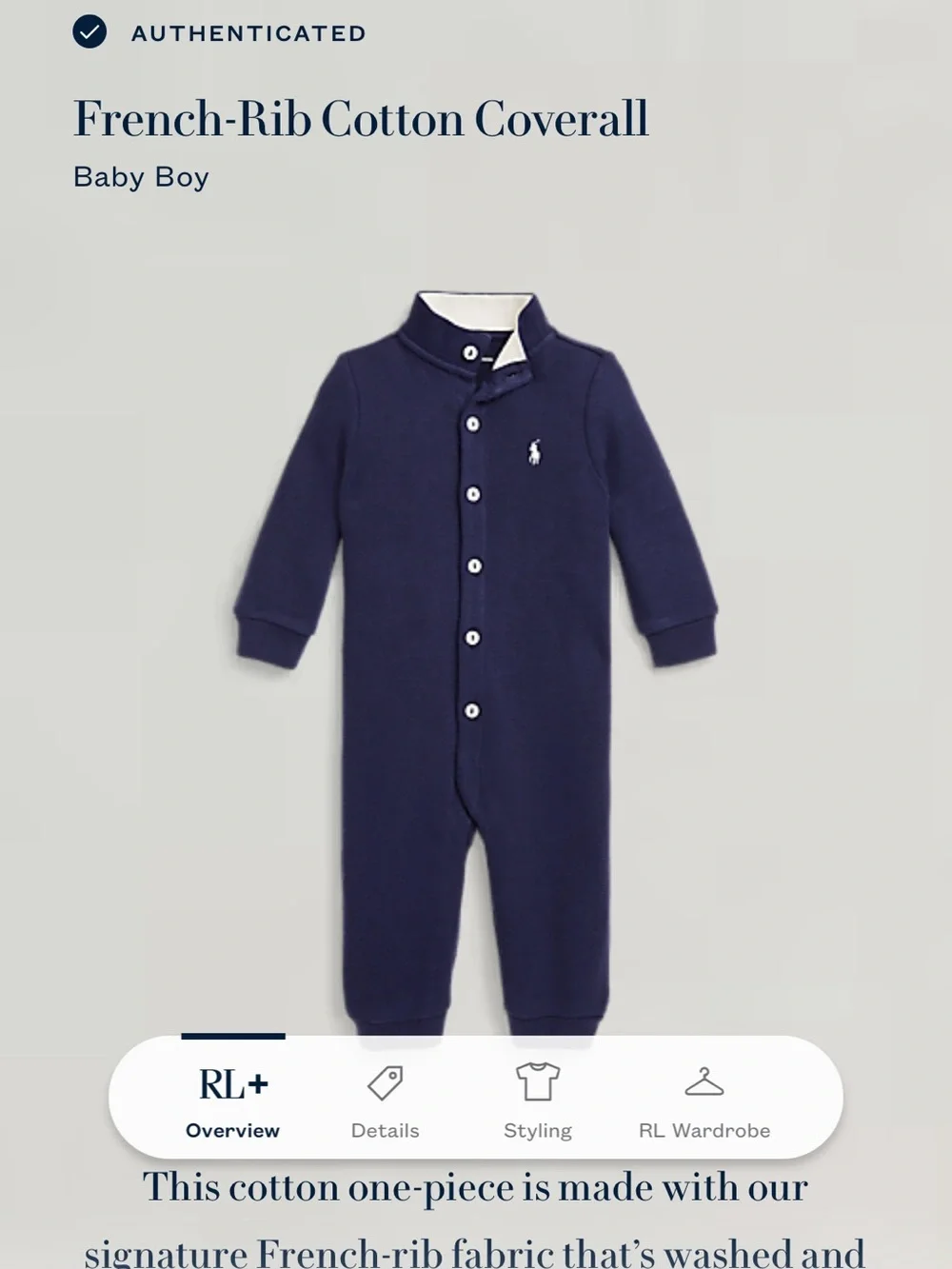 Ralph Lauren Navy French-Rib Cotton One-Piece Bodysuit 18 months